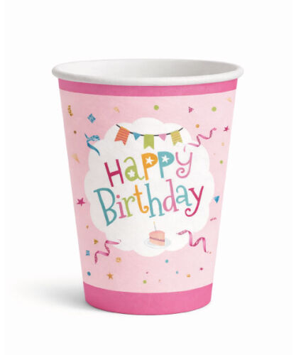 8 Kişilik Happy Birthday Pembe Karton Tabak + Bardak Seti