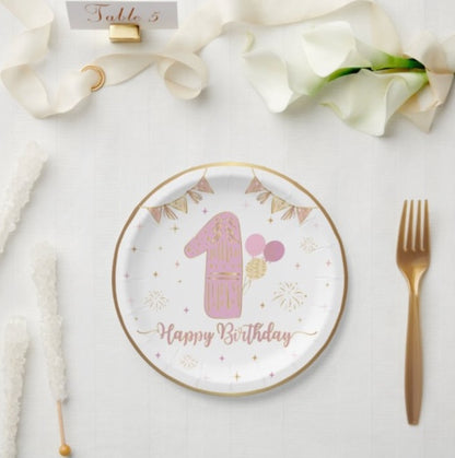 6 Kişilik Gold Varaklı 1 Yaş Pembe Karton Tabak + Bardak Seti