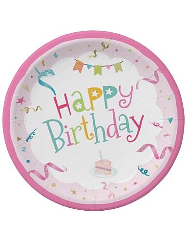 8 Kişilik Happy Birthday Pembe Karton Tabak + Bardak Seti
